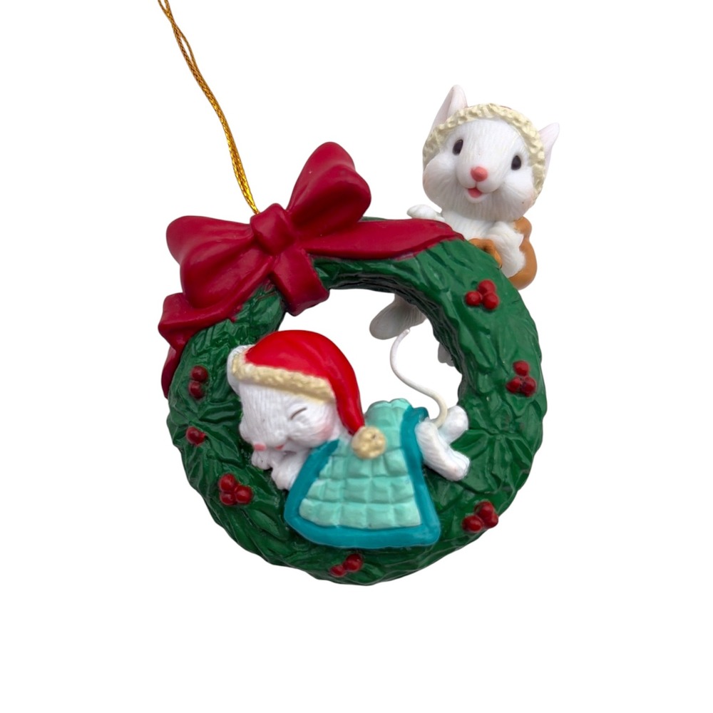 Vintage Christmas Wreath Ornament Sleeping Mouse in Blanket & Peeking Mouse